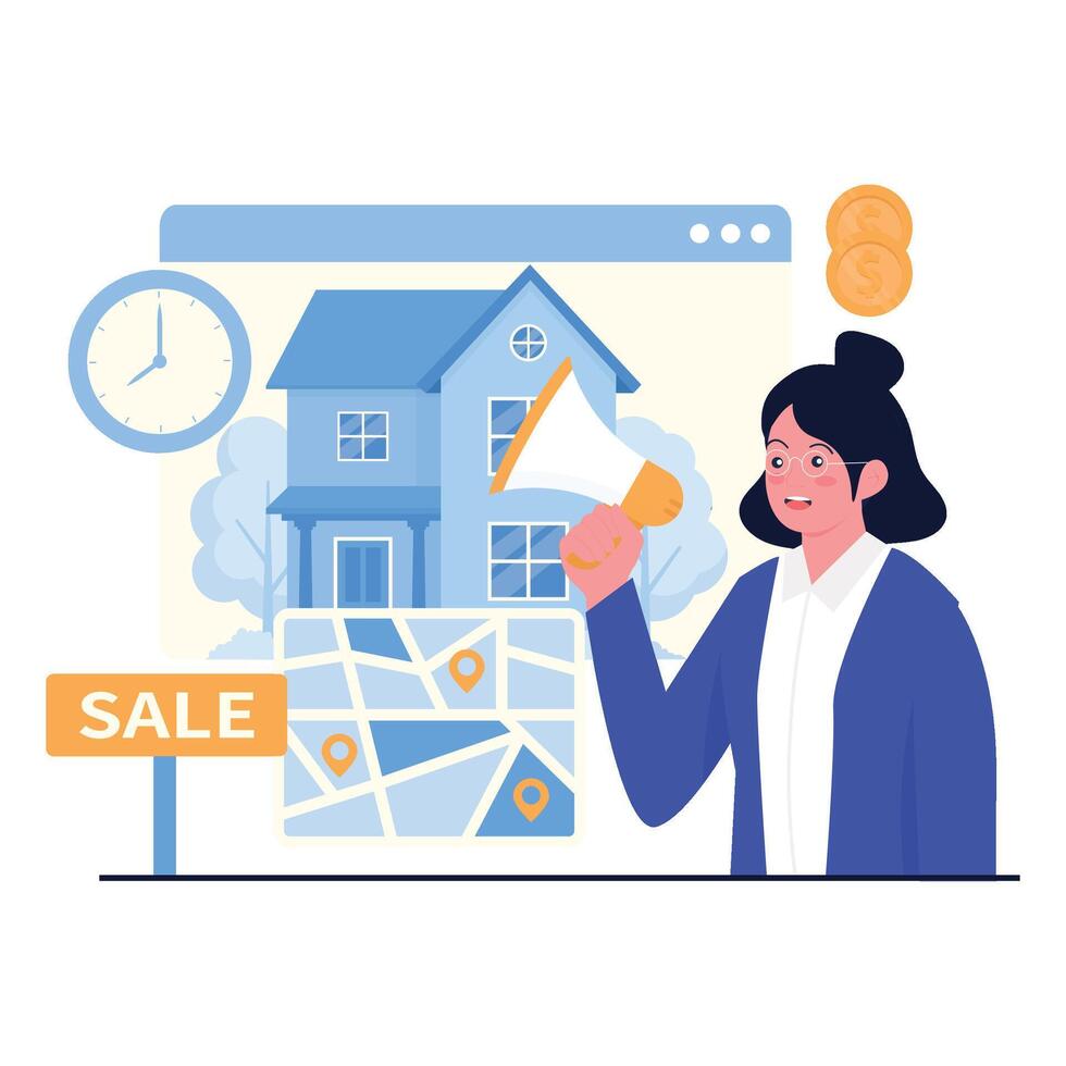A real estate agent promoting a property online using a map and megaphone. vector