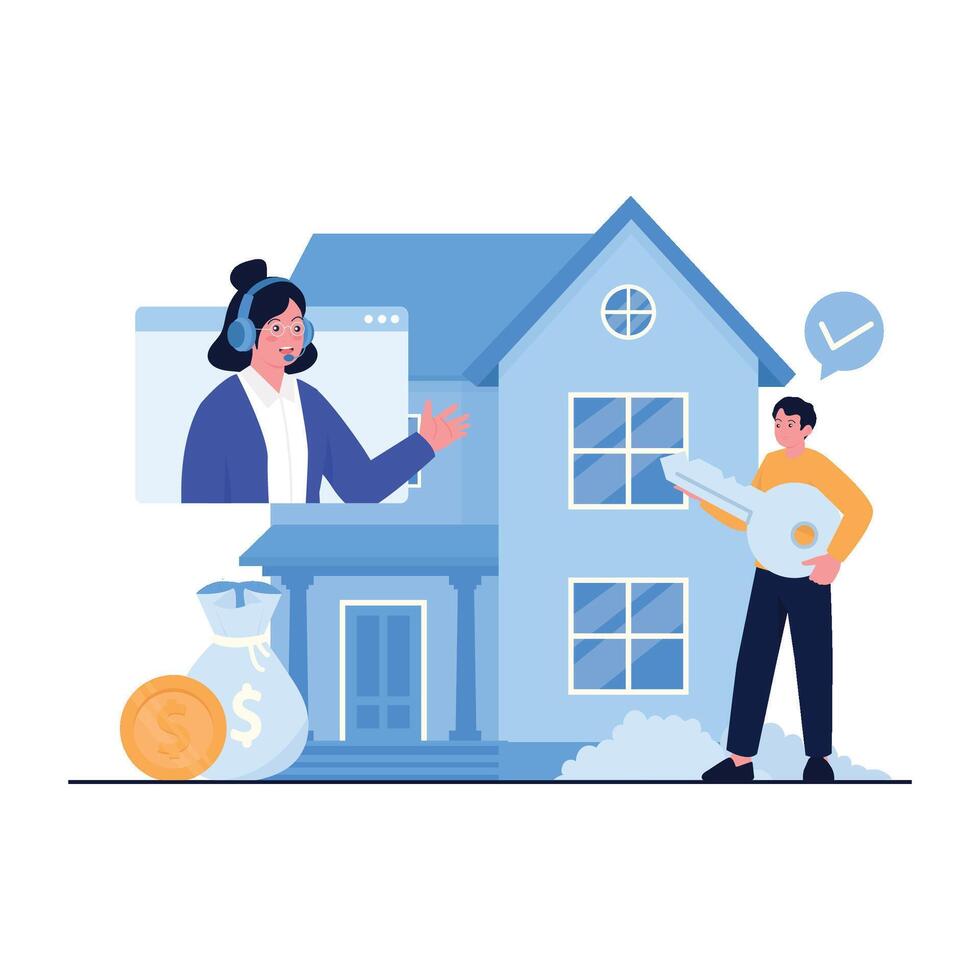 Real estate agent providing online consultation while client receives house keys. vector