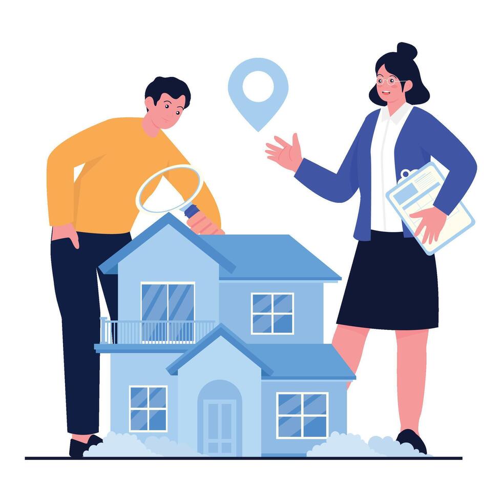 A buyer inspects a house with help from a real estate agent. vector