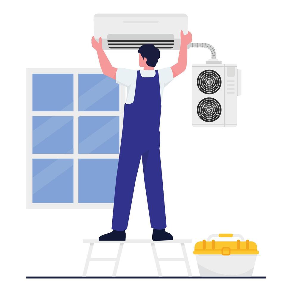 Worker installing a wall-mounted air conditioning unit indoors. vector