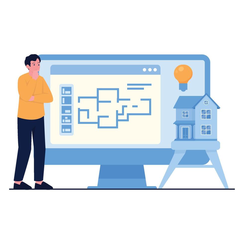 A man analyzing digital house layout on a screen with architectural planning elements. vector