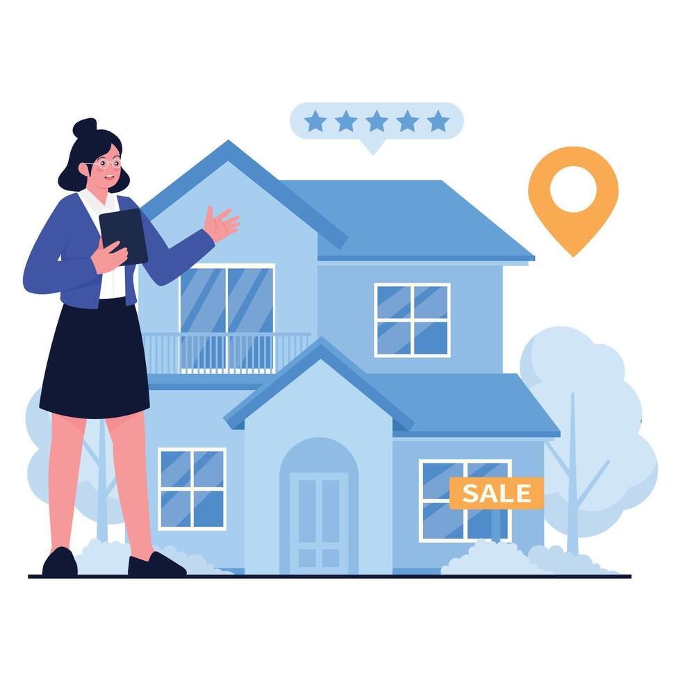 A real estate agent presenting a house for sale with rating and location icons. vector