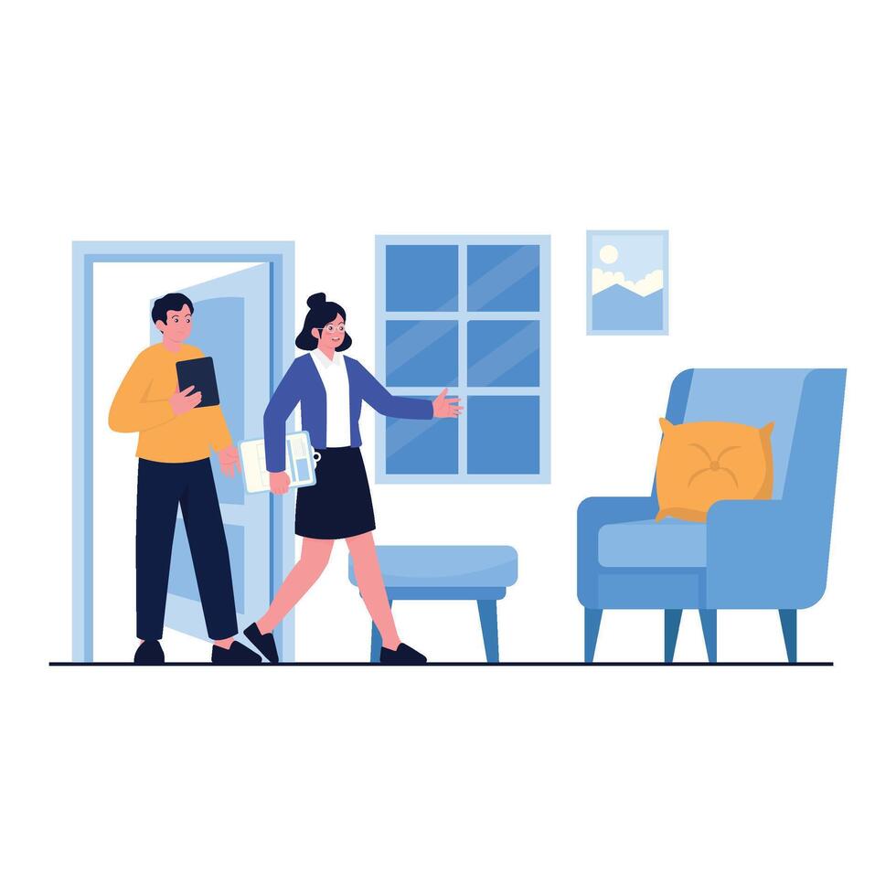 Real estate agent guiding client during an interior property tour. vector