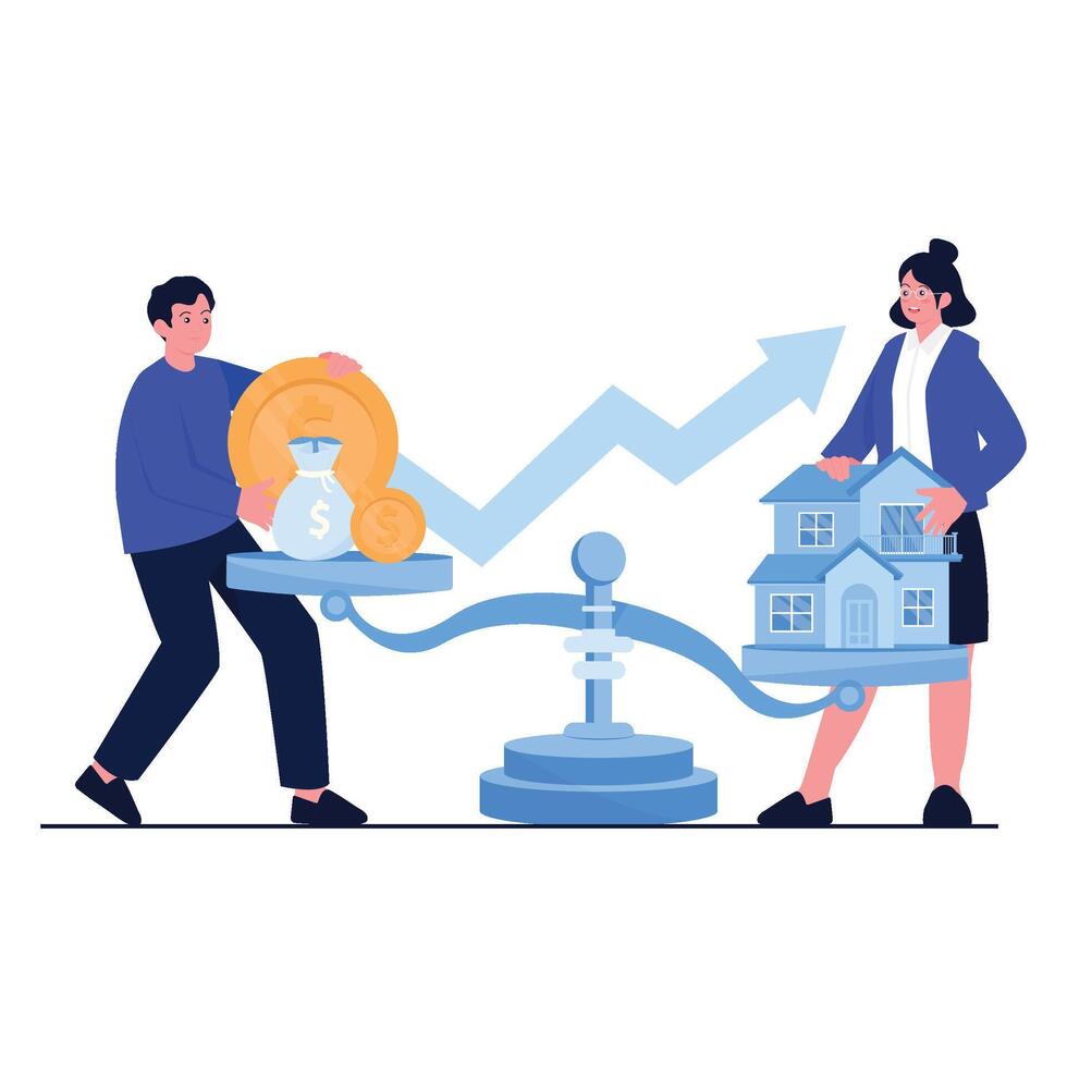 Man and woman balancing house and money on scale to symbolize real estate investment. vector