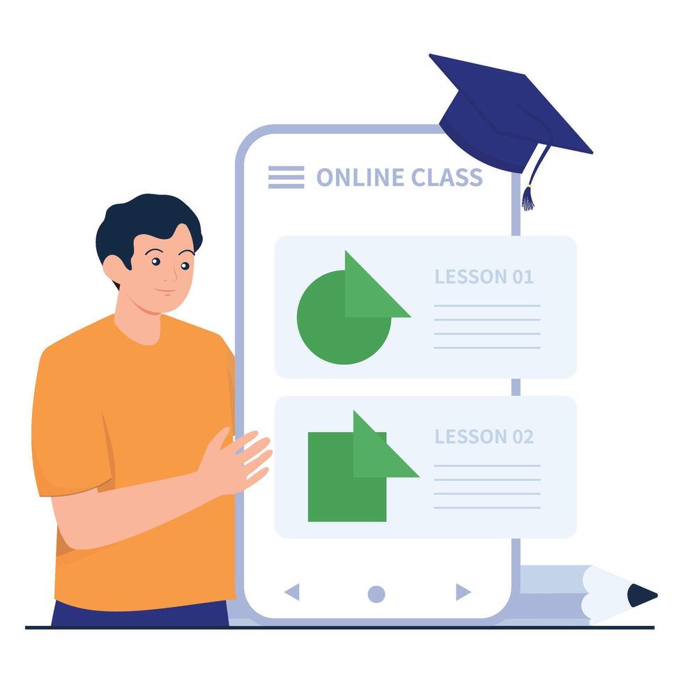A student exploring lessons on a mobile screen for an online class experience. vector