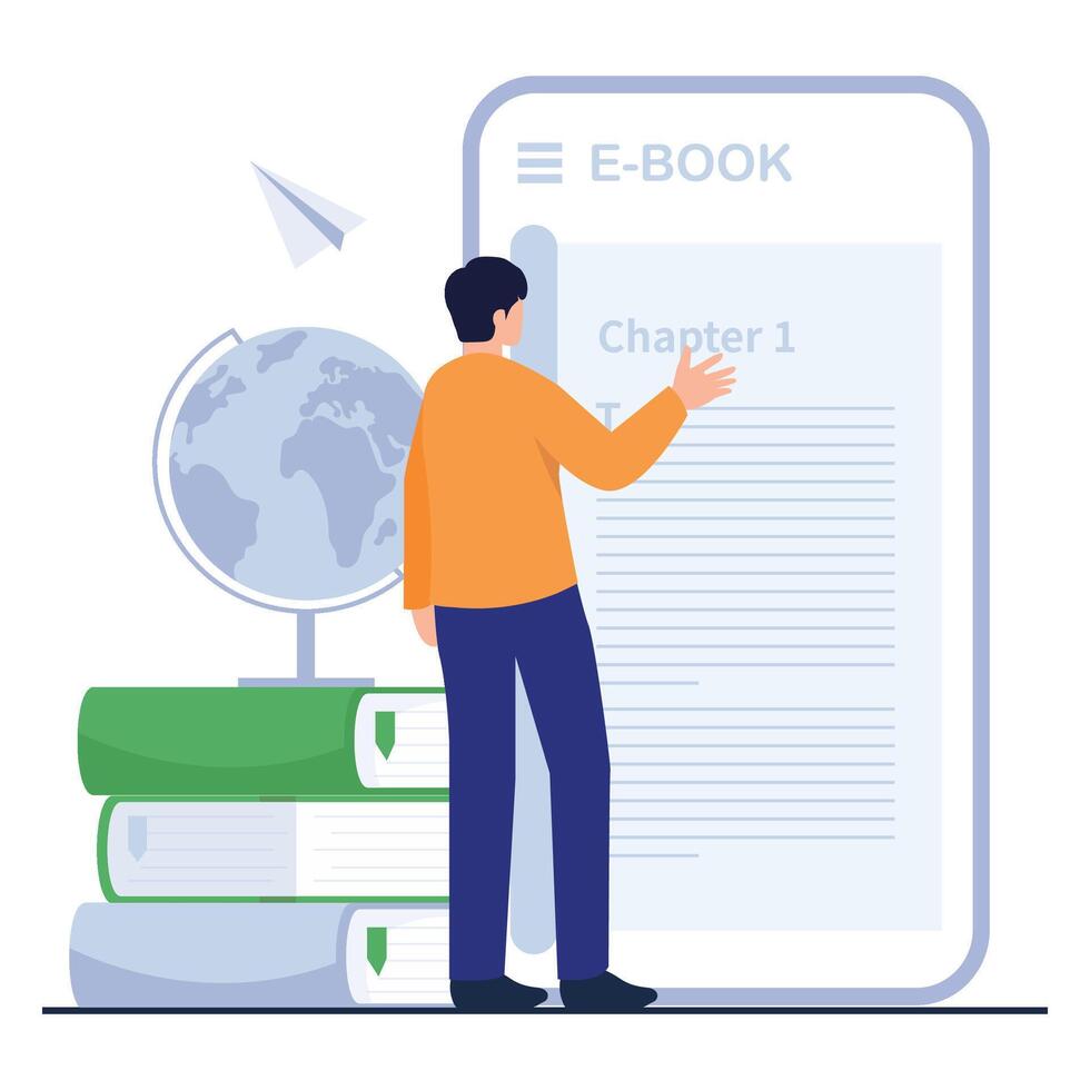 A learner viewing an electronic textbook on a giant screen beside study materials and a globe. vector