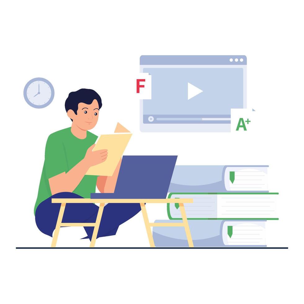 A male student reviews notes and studies online to improve his academic performance, symbolizing learning from failure. vector