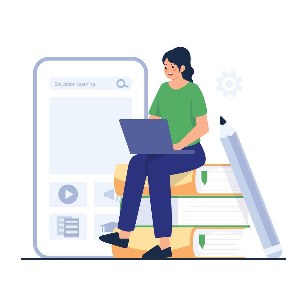 A female student studies using a laptop while sitting on stacked books, representing modern digital education. vector