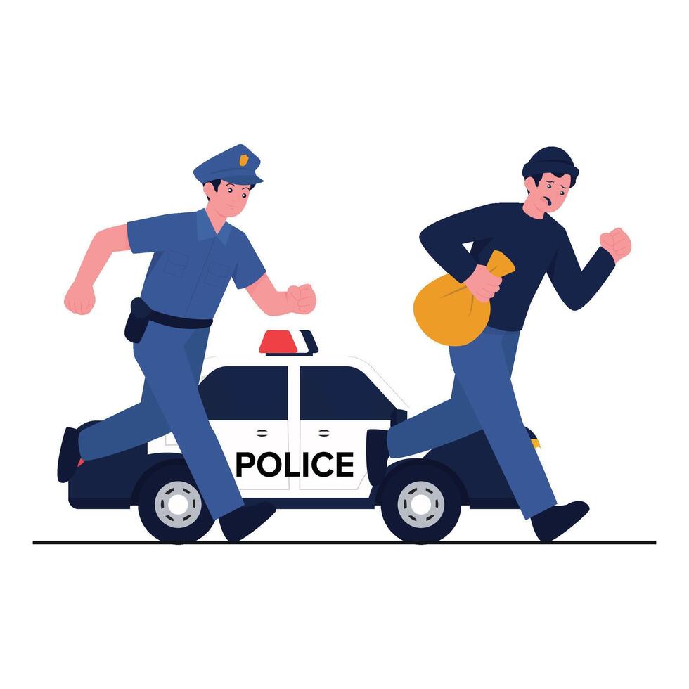 A police officer chases a suspect running away with a bag near a patrol car. vector
