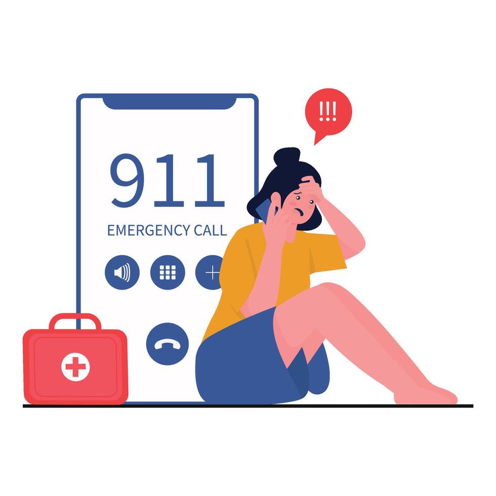 A woman calls 911 in distress during a medical or emergency situation. vector