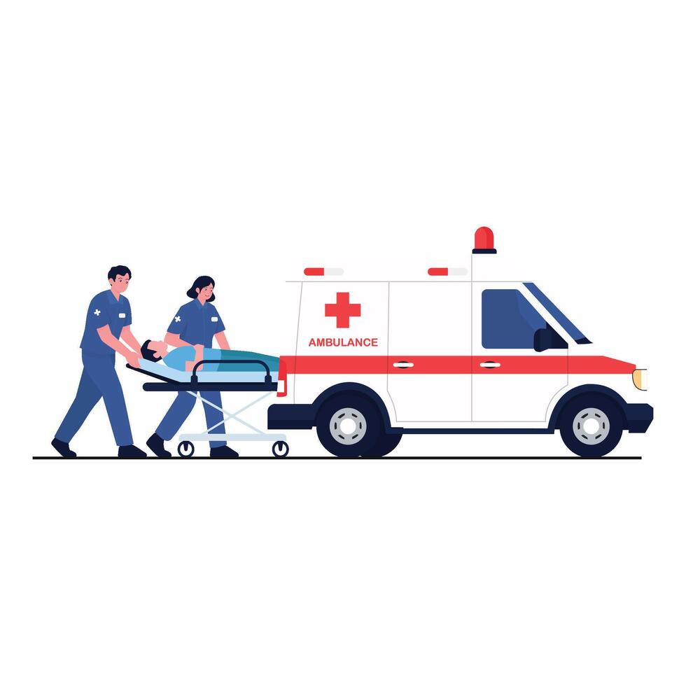 Emergency medical workers transport a patient into an ambulance for urgent care. vector