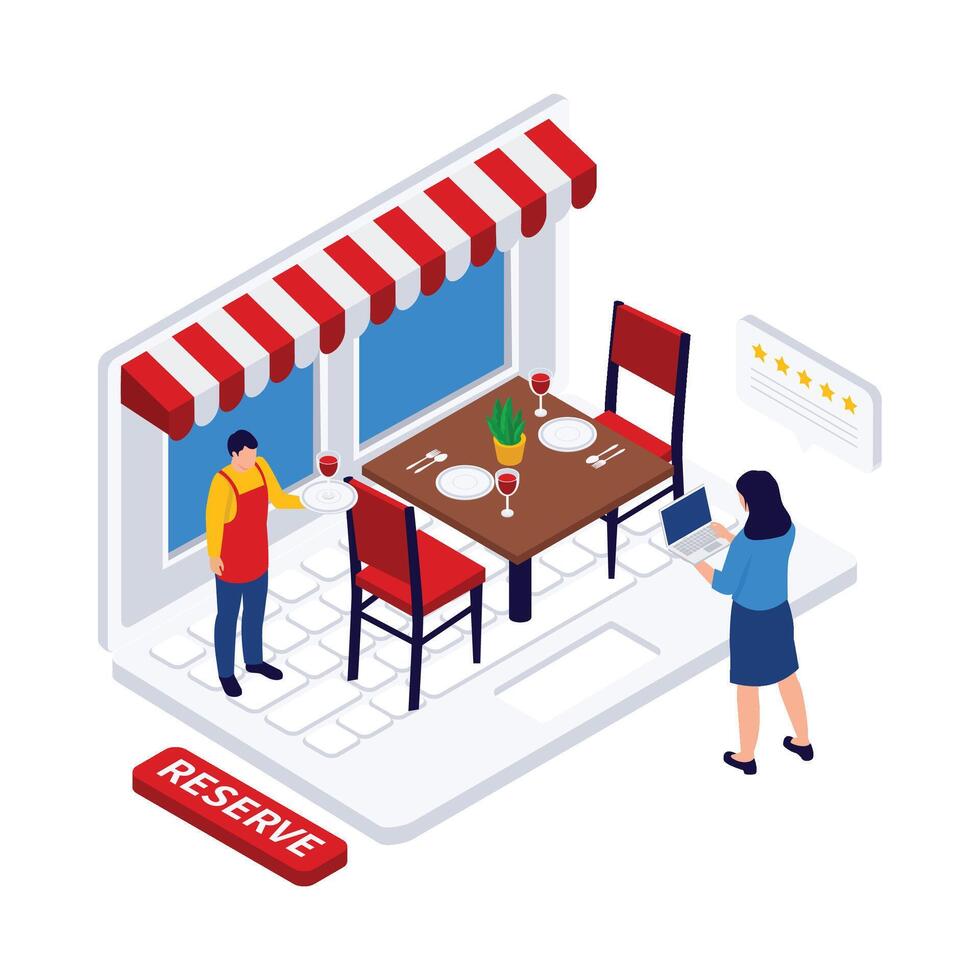 Digital reservation system showing a restaurant table being booked through a laptop with rating feedback. vector