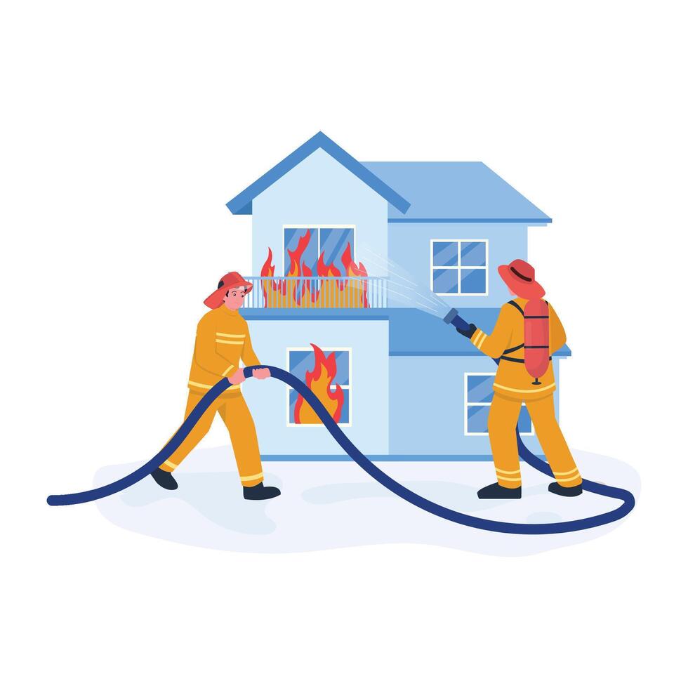 Firefighters extinguishing a blaze in a residential house using hoses. vector