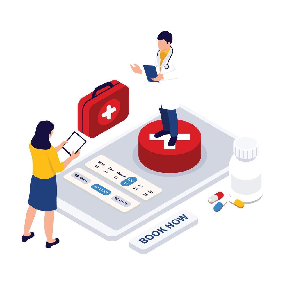 Isometric illustration of a patient booking a medical consultation online with a doctor through a mobile app. vector