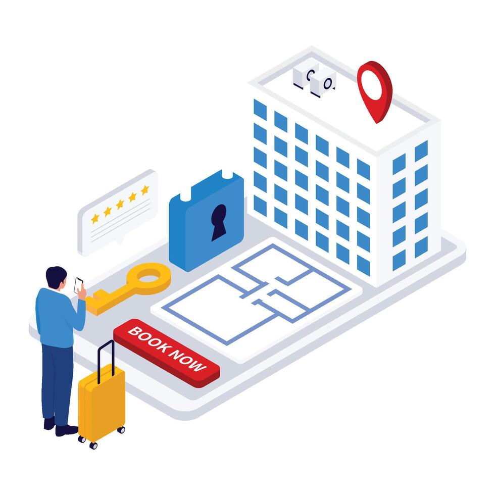 Man books a secured apartment or room using an online floor plan and security-verified system. vector