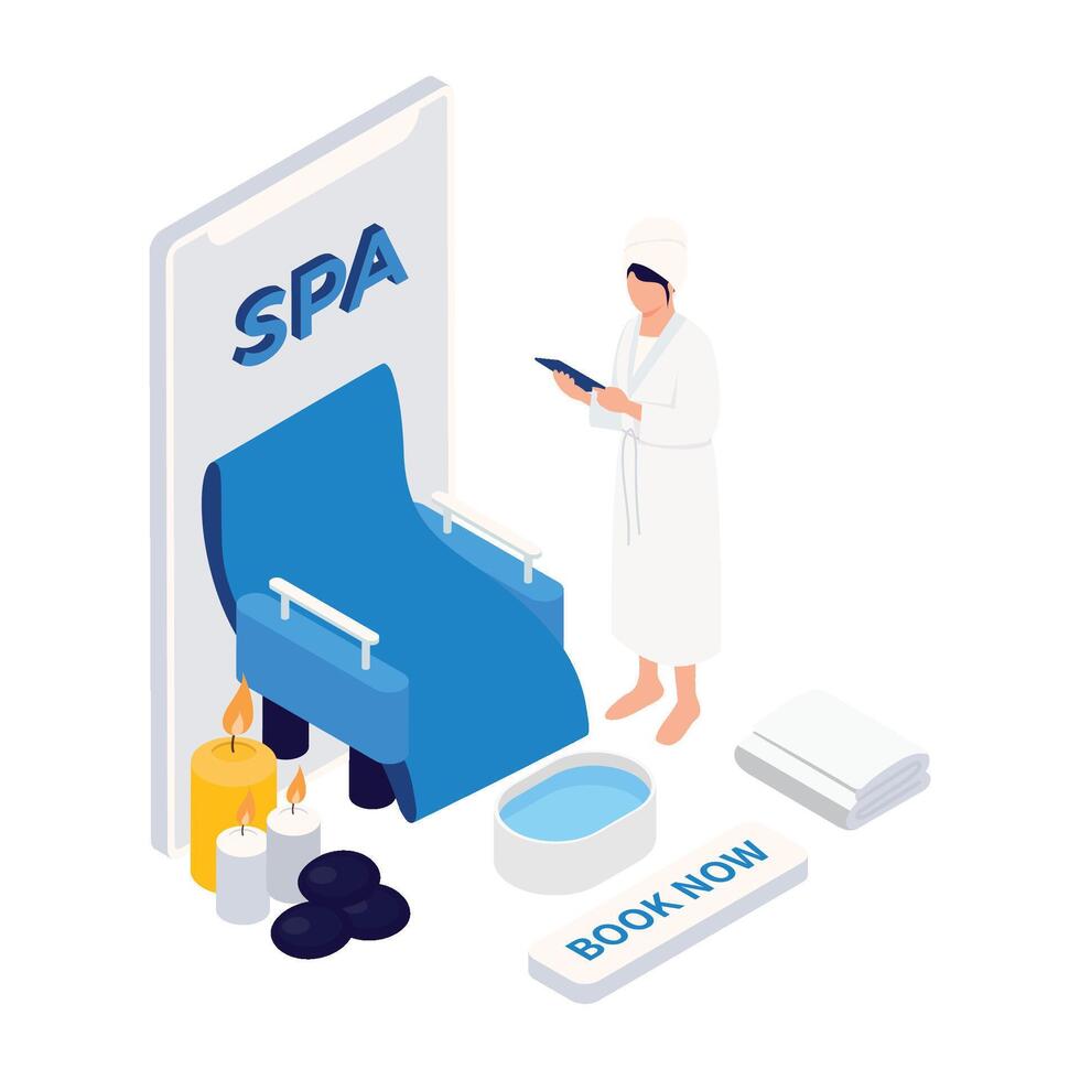 Woman in a robe booking a relaxing spa session online with candles, stones, and soothing ambiance. vector
