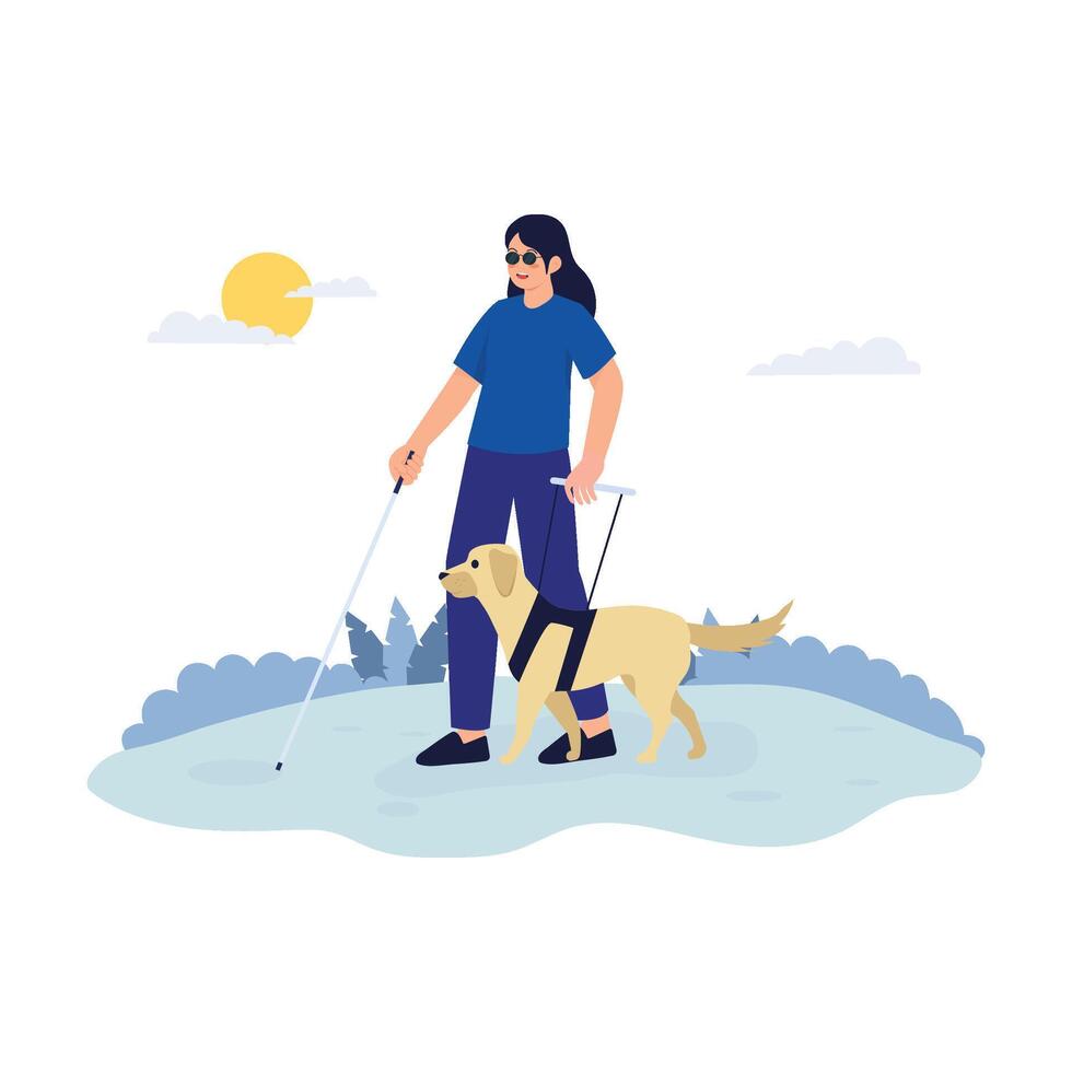 Visually impaired woman walking with her guide dog and white cane on a sunny day. vector