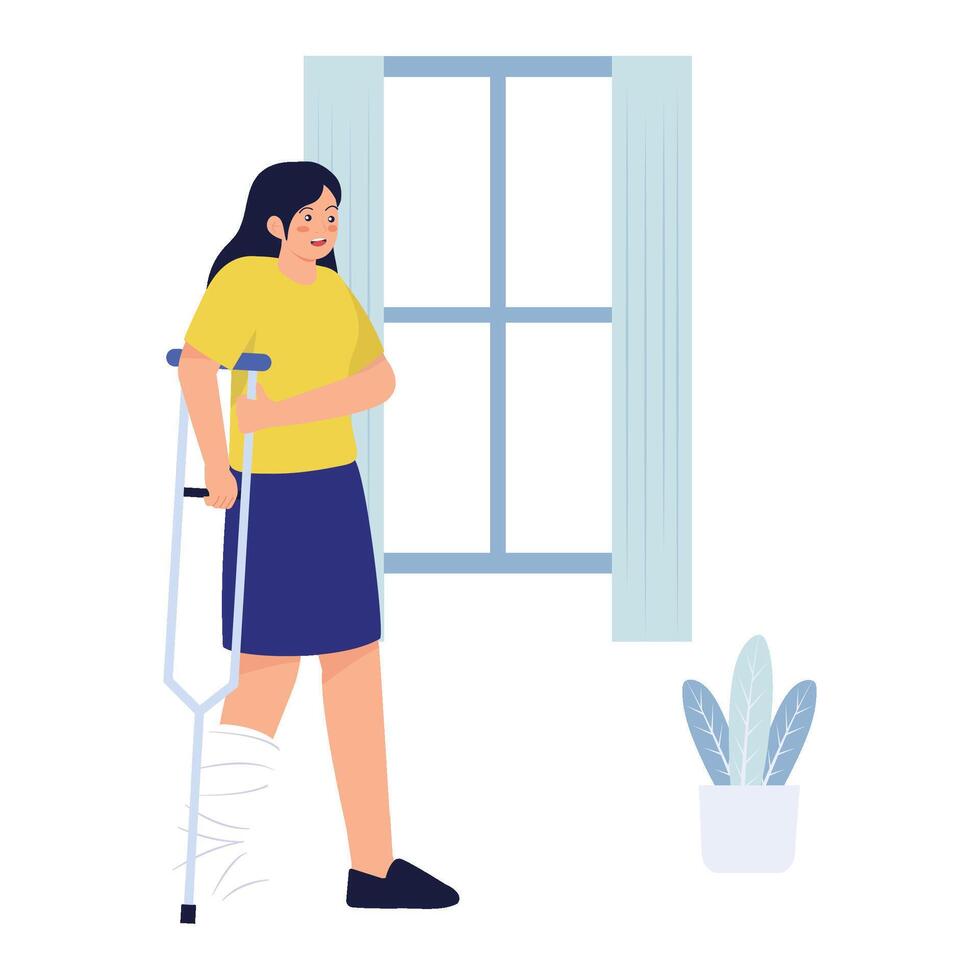 A woman with a bandaged leg uses a crutch while standing inside her home. vector