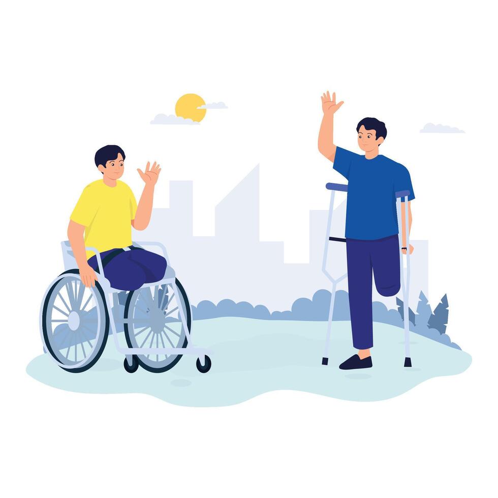 Two friends with mobility challenges greet each other happily outdoors. vector