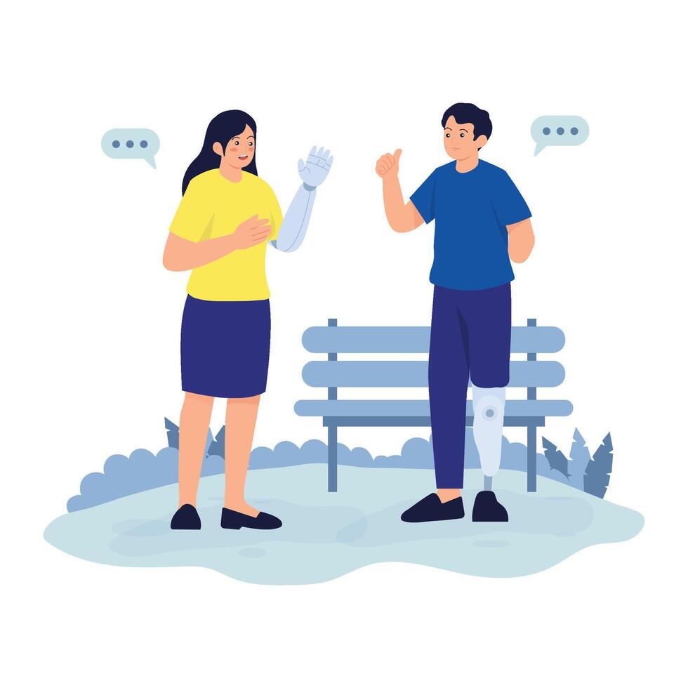 A man and woman with prosthetic limbs engage in a cheerful conversation in a park. vector
