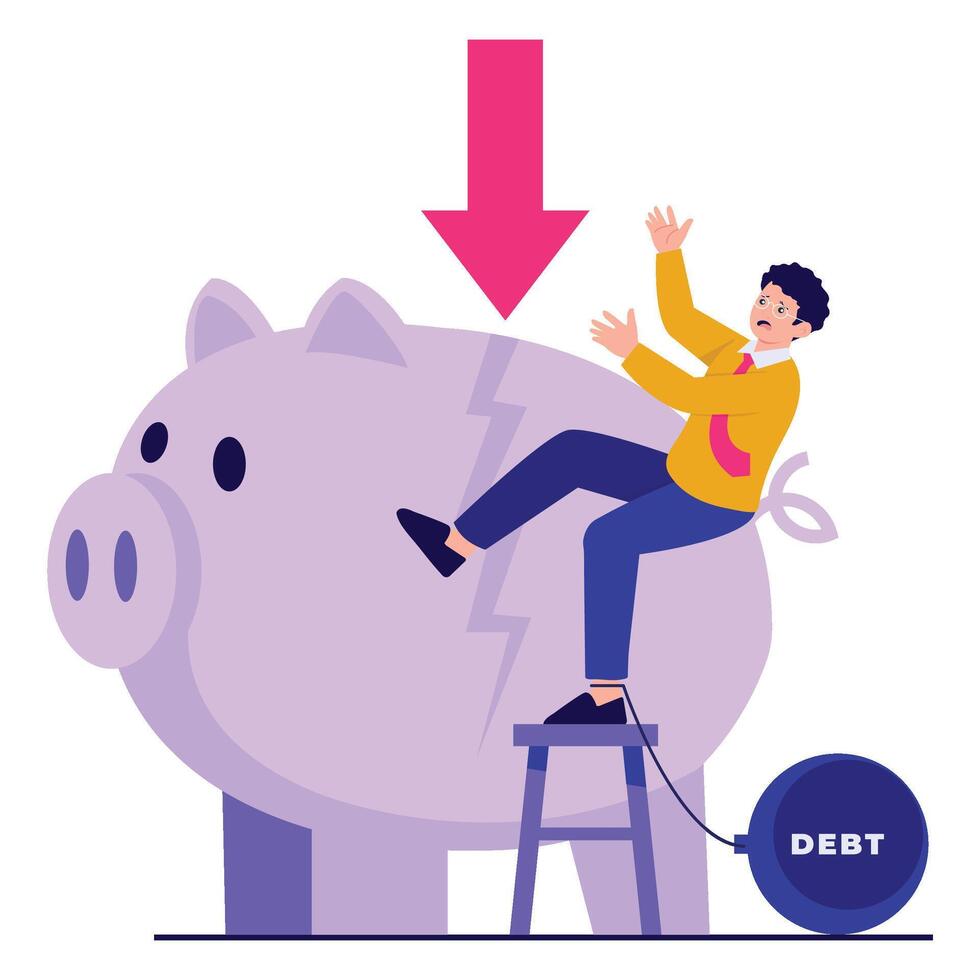 A man struggles under debt pressure as a giant piggy bank begins to crack. vector