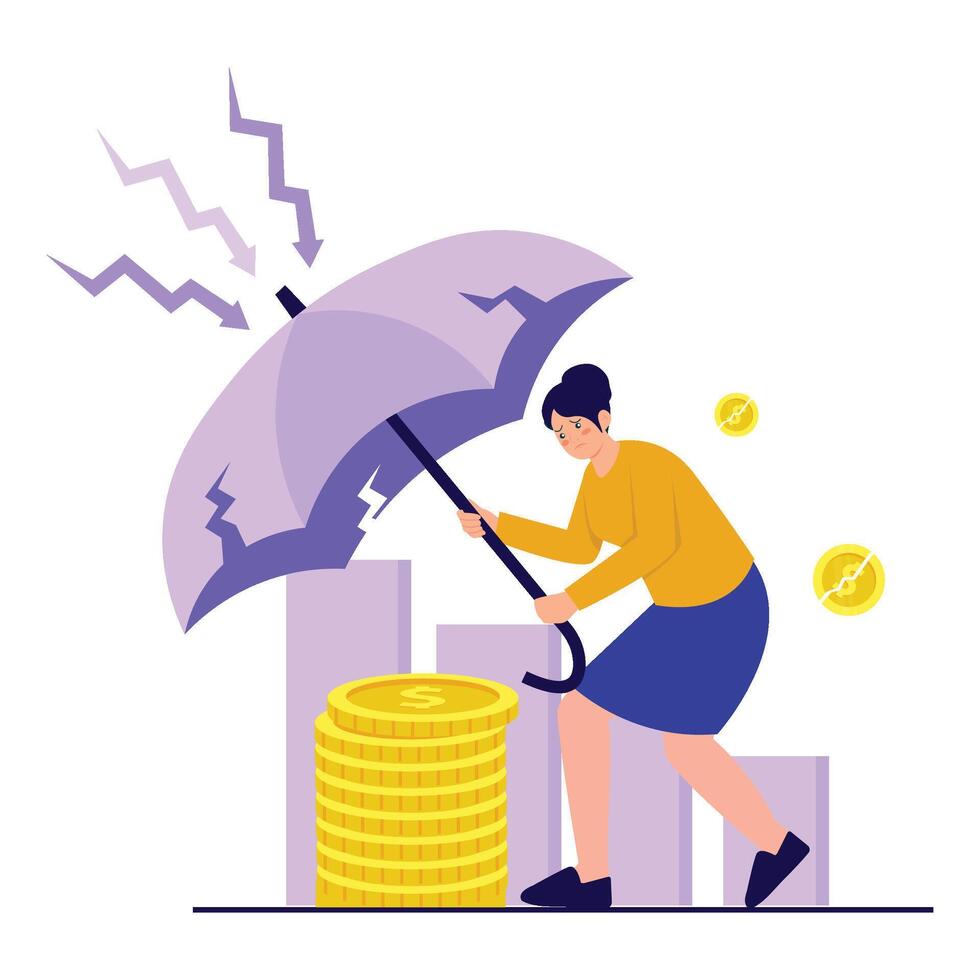 A woman tries to shield savings with a cracked umbrella during financial downturn. vector