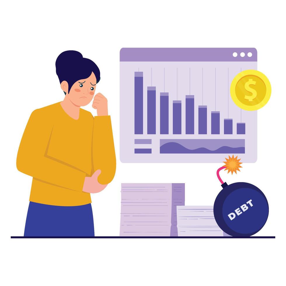 A worried woman looks at charts while a debt bomb threatens financial stability. vector