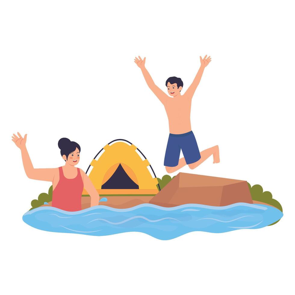 A man jumping into the water while a woman enjoys swimming near their campsite. vector