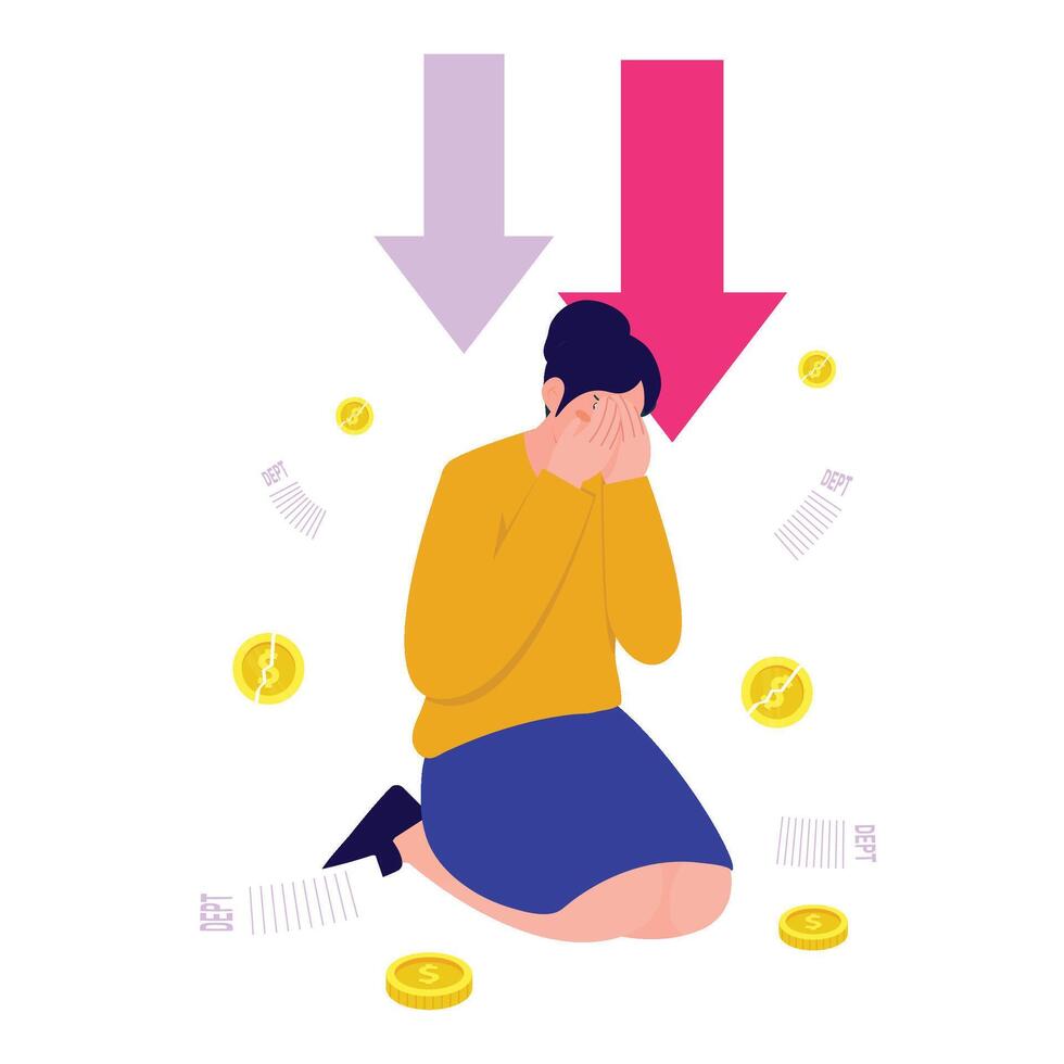 A woman covers her face in sorrow under arrows and scattered debt papers. vector