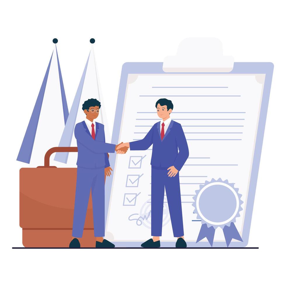 Two men in suits shaking hands in front of a legal document symbolizing a successful agreement. vector