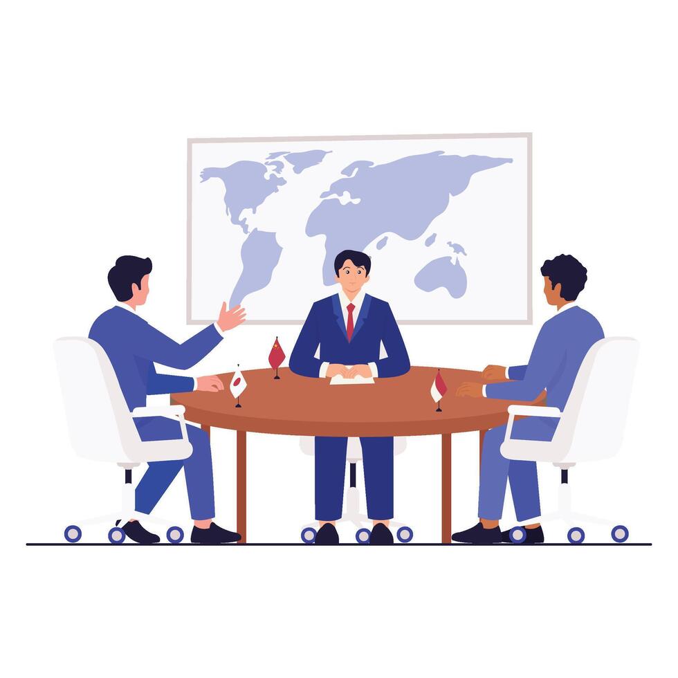 Three representatives sit at a round table in front of a world map, discussing international policy and collaboration. vector