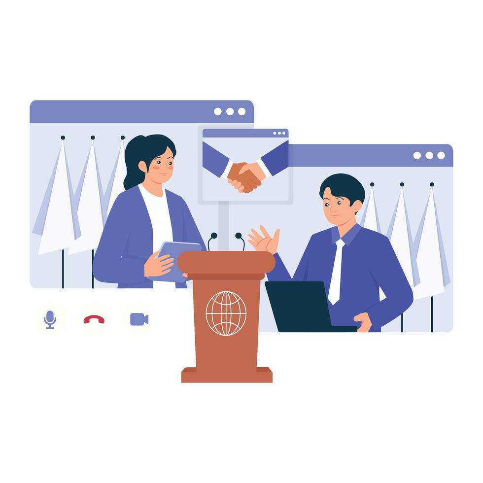 A man and woman engage in an international diplomatic discussion through an online platform. vector