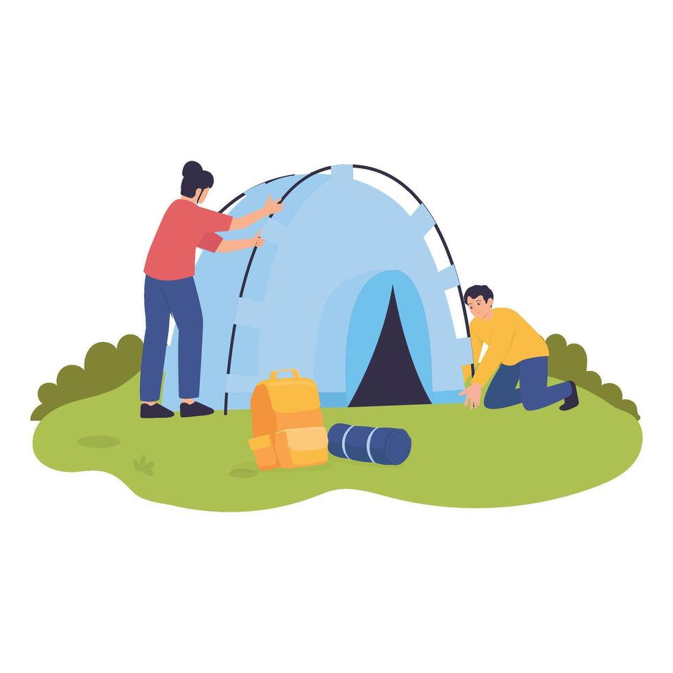 A couple works together to set up their camping tent surrounded by supplies and gear. vector