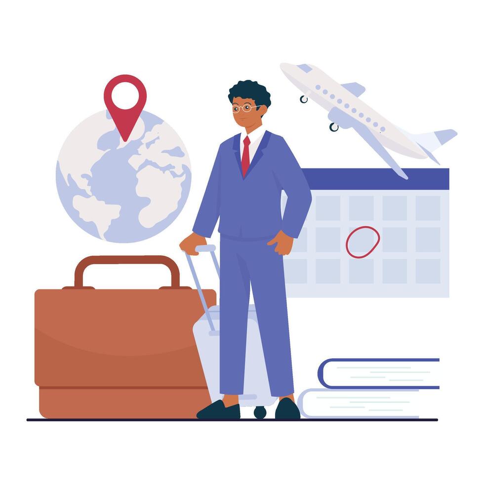 A diplomat prepares for international travel with luggage, a marked calendar, and a globe showing destination. vector