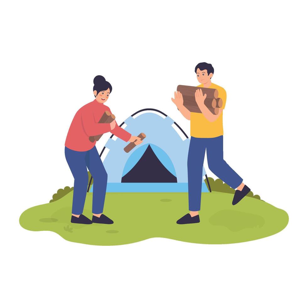 Campers collecting firewood together in front of their tent to prepare for a campfire vector