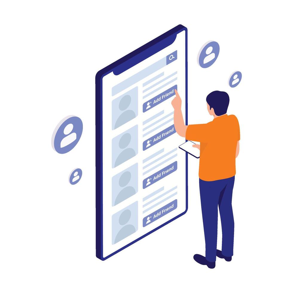 Man using a tablet to add friends on a digital social media platform. vector