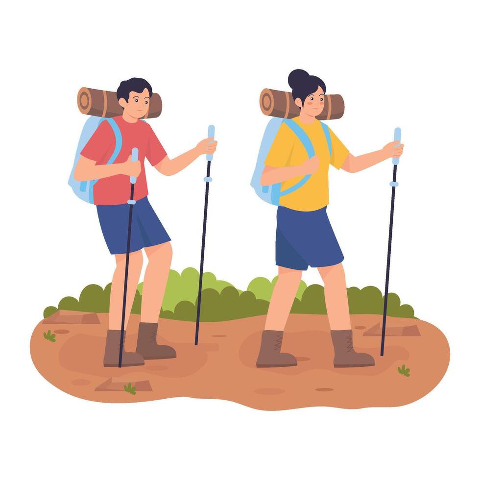 A man and woman hiking together with backpacks and trekking poles through the forest. vector