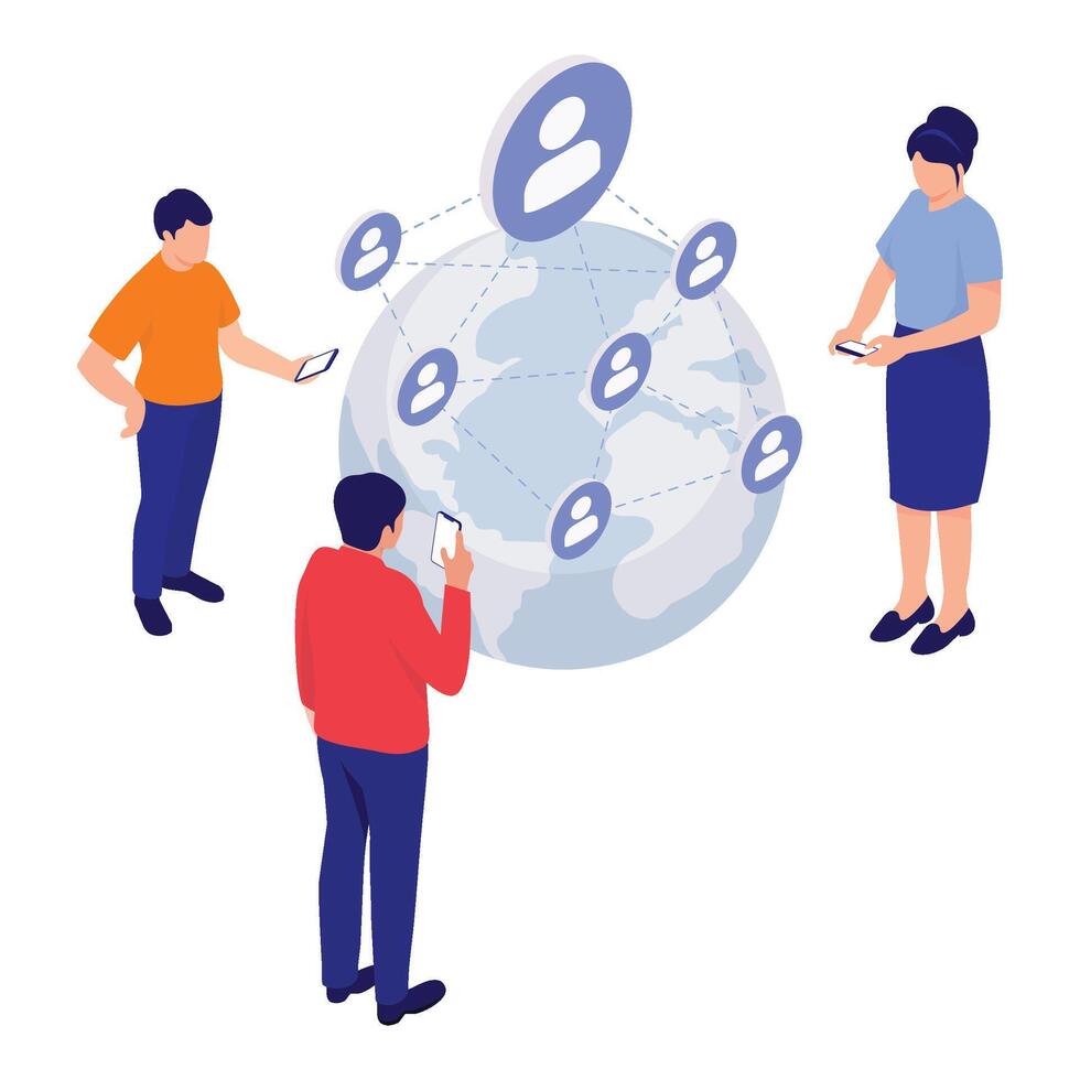 Group of people connected through a global digital social network. vector