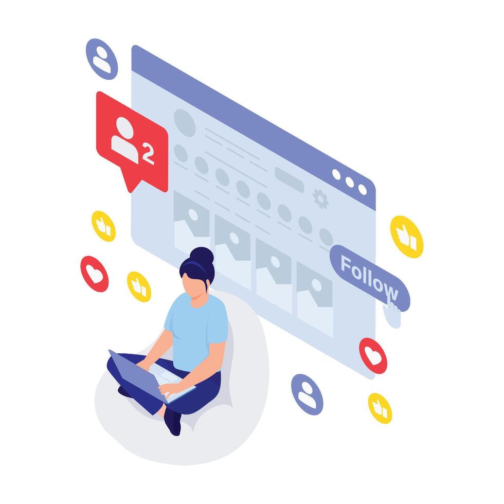 Woman checking profile engagement and follower updates on a social platform. vector