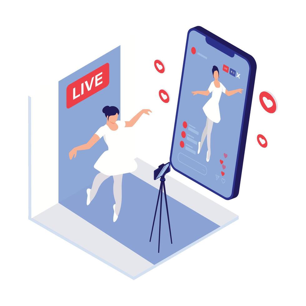 Woman performing live in front of a camera with real-time engagement on social media. vector
