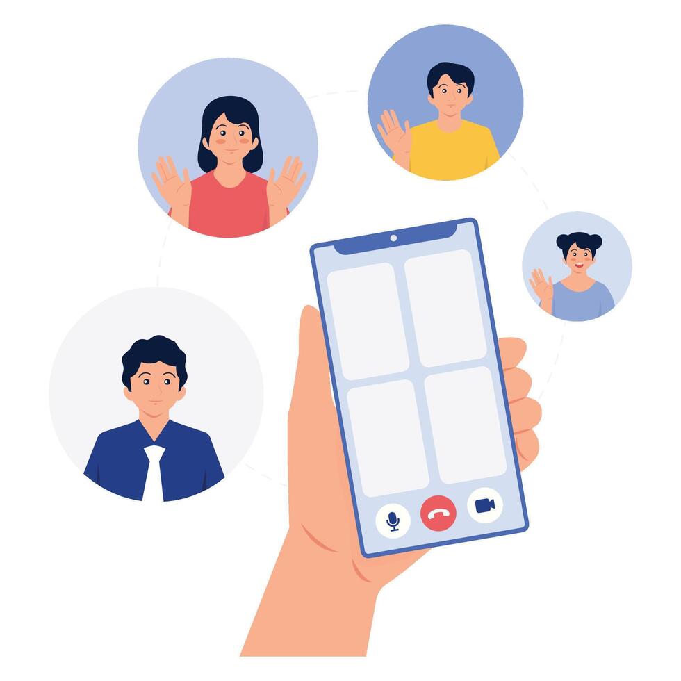 A smartphone screen displaying a group call with four participants. vector