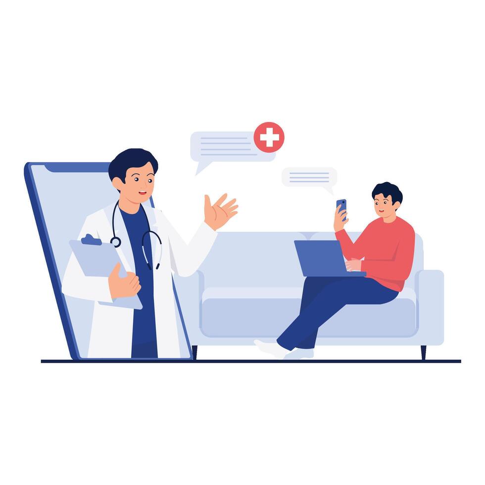 A man consulting with a doctor through a virtual call. vector