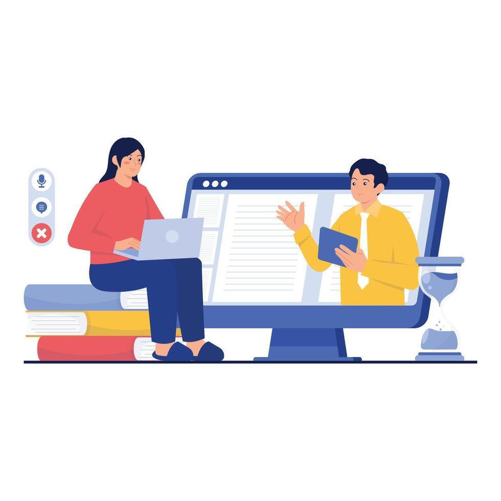 A student joining an online educational session with a mentor. vector