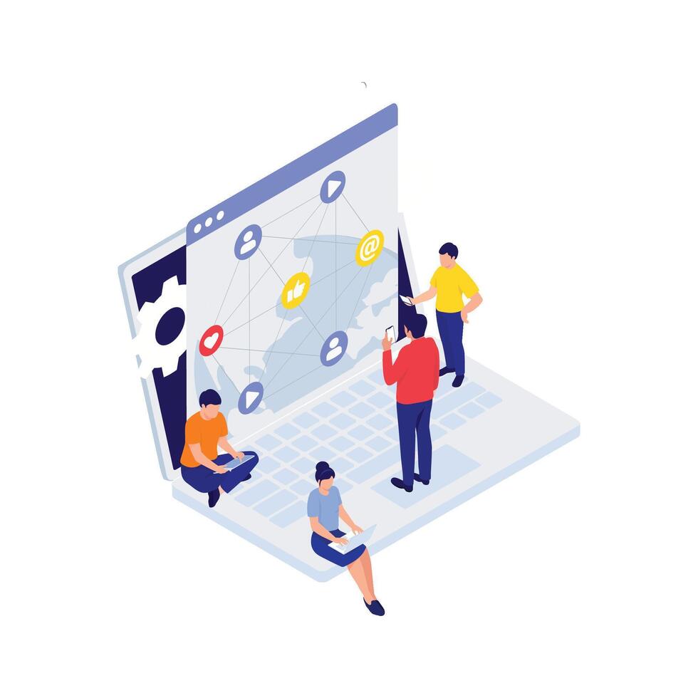 People connecting globally through digital social media platforms using mobile devices. vector
