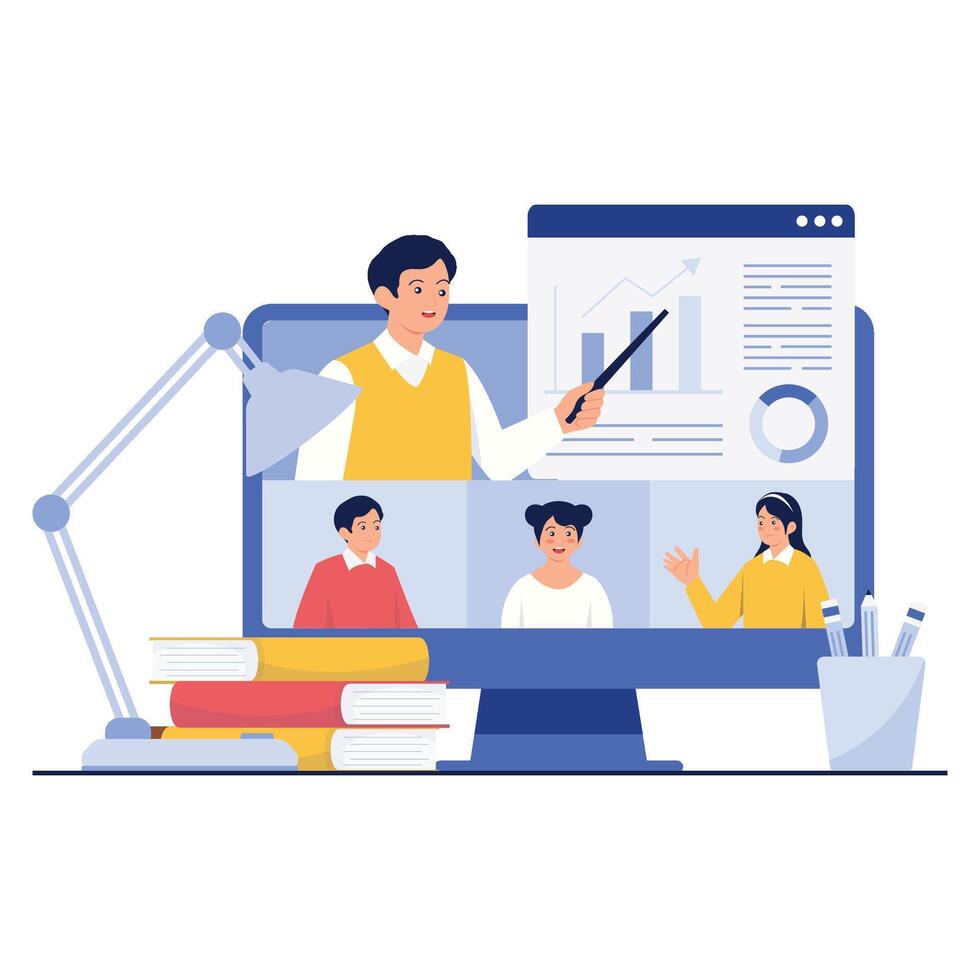 Online meeting with a presenter showing graphs and charts to participants. vector
