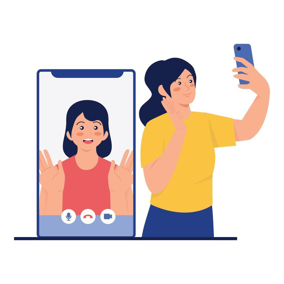 A young woman smiling while having a call on her smartphone. vector