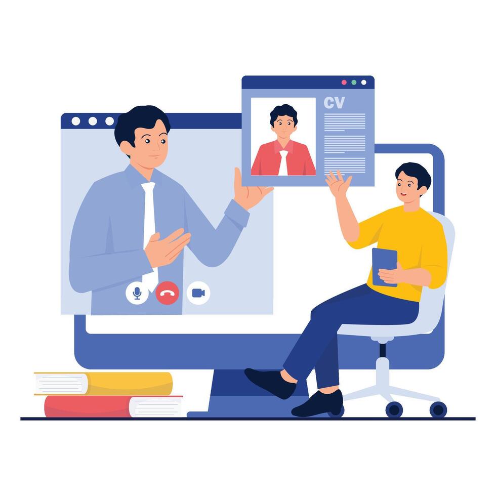 A man attending an online job interview and presenting his resume. vector