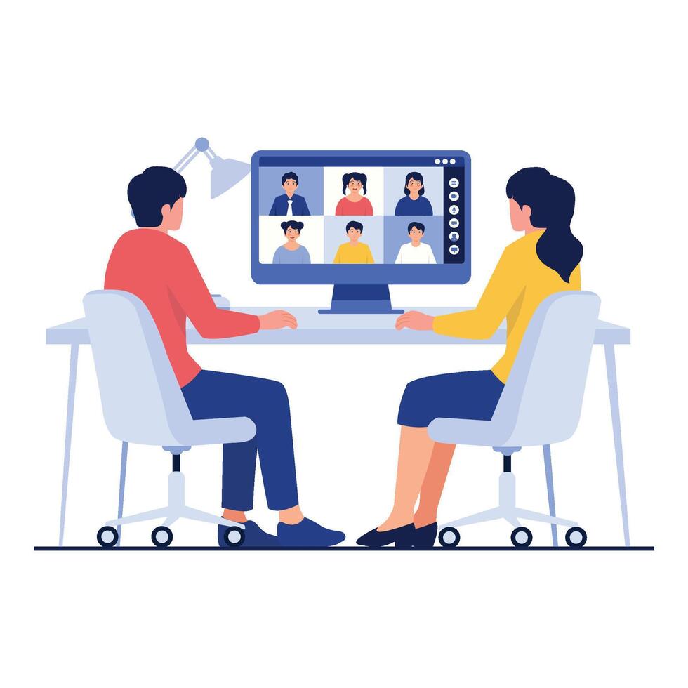 A man and a woman participating in an online group conference together. vector