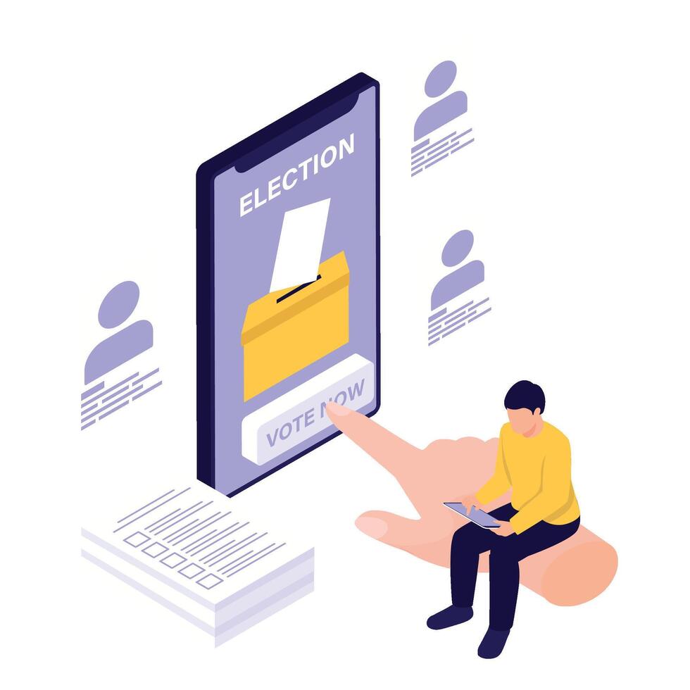 A person casts a vote online through a mobile phone interface showing a ballot box. vector
