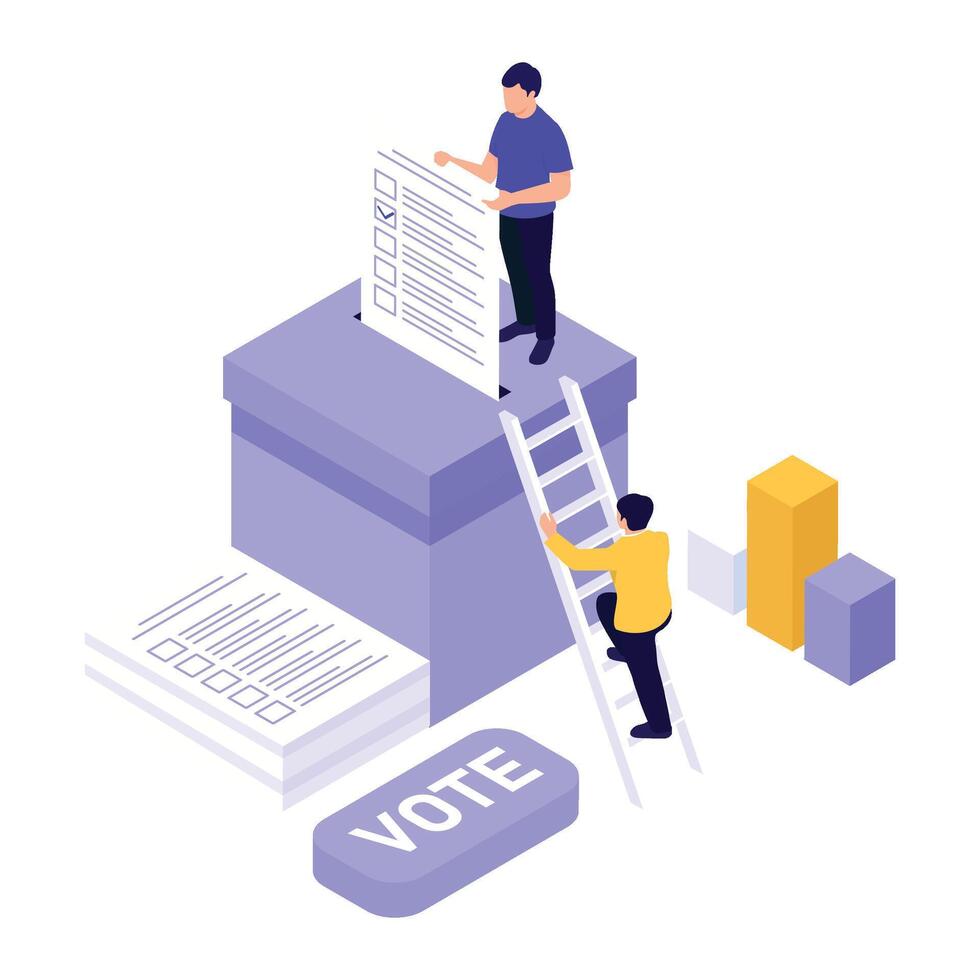 Voters are shown submitting their paper ballots into a large ballot box via ladder. vector